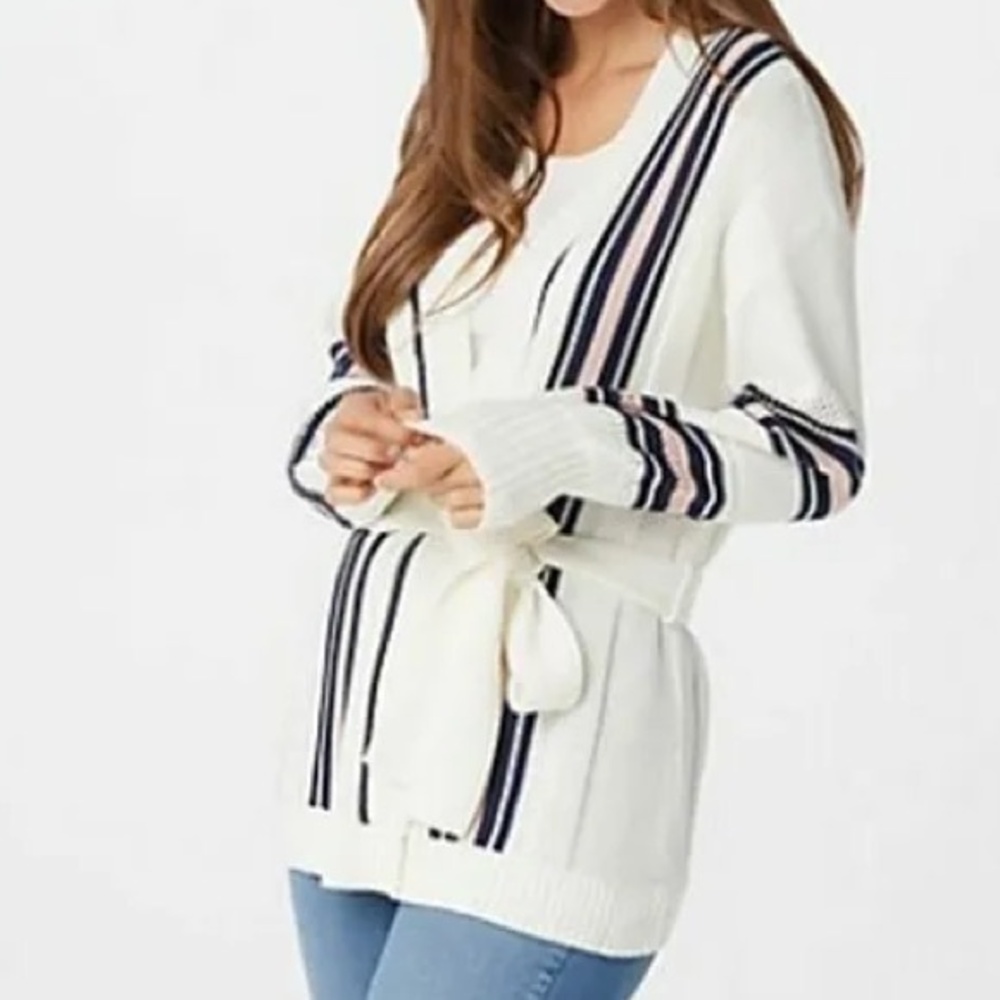 Laurie Felt Ivory Wrap Cardigan Sweater Long-Sleeves Navy Pink Stripes Size XS